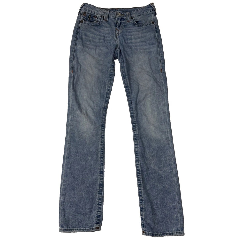 True Religion Jeans Womens 26 Blue Low Rise Slim Straight Distressed Made Mexico